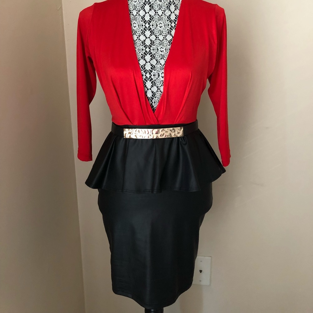 Dress with faux leather skirt